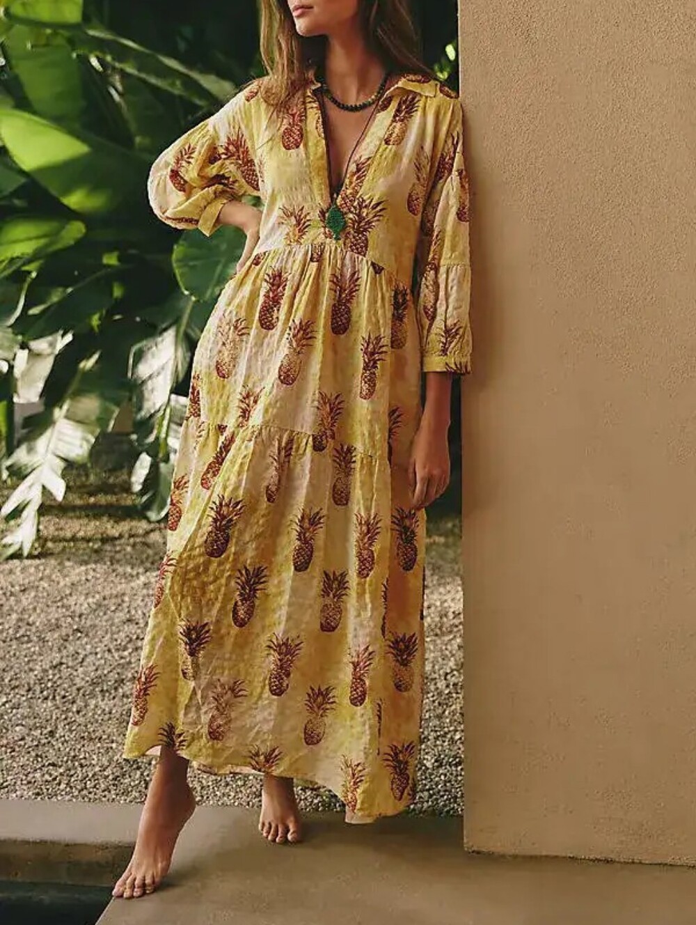 NWT Anthropologie-Carolita Yellow Pineapple-Print Tiered Maxi Dress-Size:M